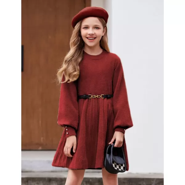 Arshiner Girls Sweater Dress Knit Crew Neck Lantern Sleeve Solid Twirl Dresses