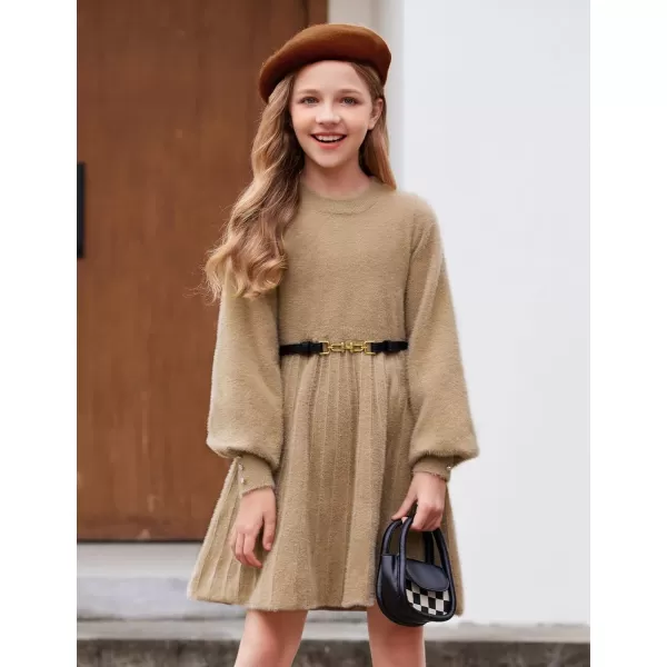 Arshiner Girls Sweater Dress Knit Crew Neck Lantern Sleeve Solid Twirl Dresses