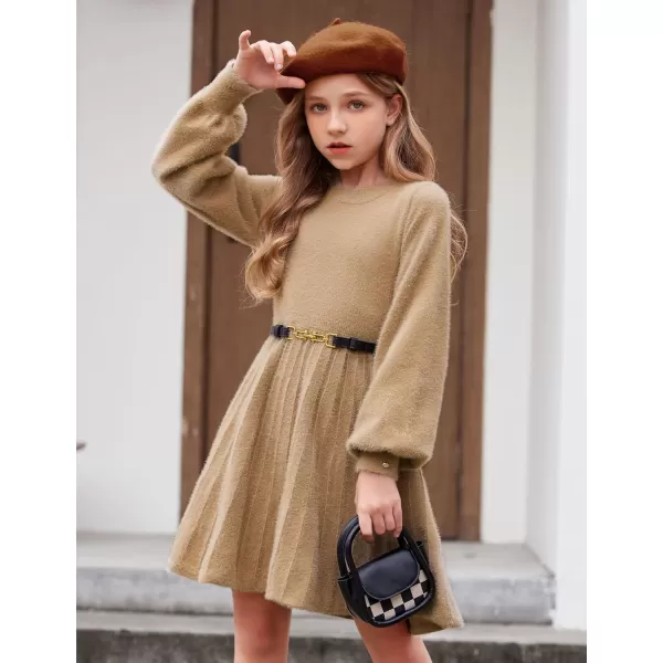 Arshiner Girls Sweater Dress Knit Crew Neck Lantern Sleeve Solid Twirl Dresses