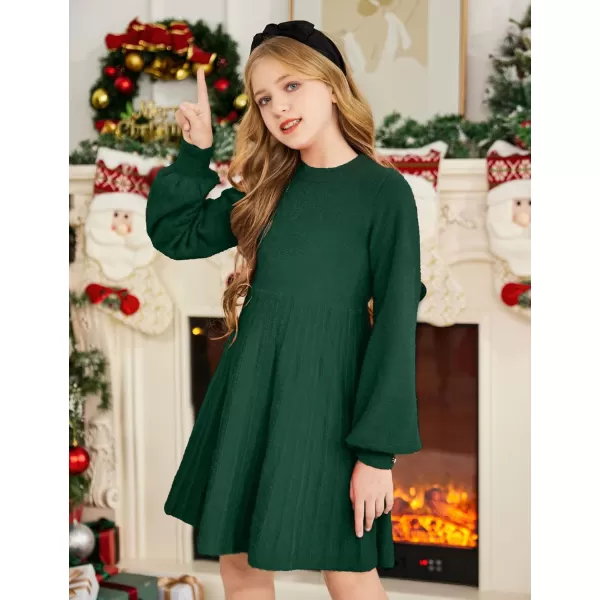 Arshiner Girls Sweater Dress Knit Crew Neck Lantern Sleeve Solid Twirl Dresses