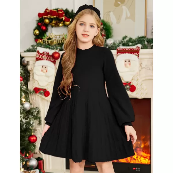 Arshiner Girls Sweater Dress Knit Crew Neck Lantern Sleeve Solid Twirl Dresses
