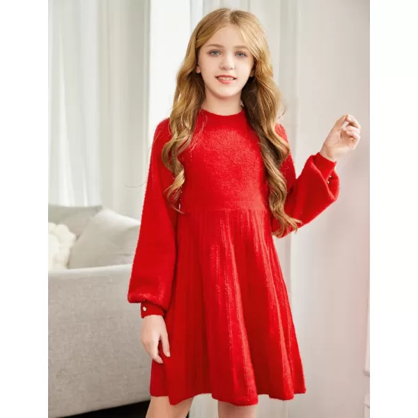 Arshiner Girls Sweater Dress Knit Crew Neck Lantern Sleeve Solid Twirl Dresses