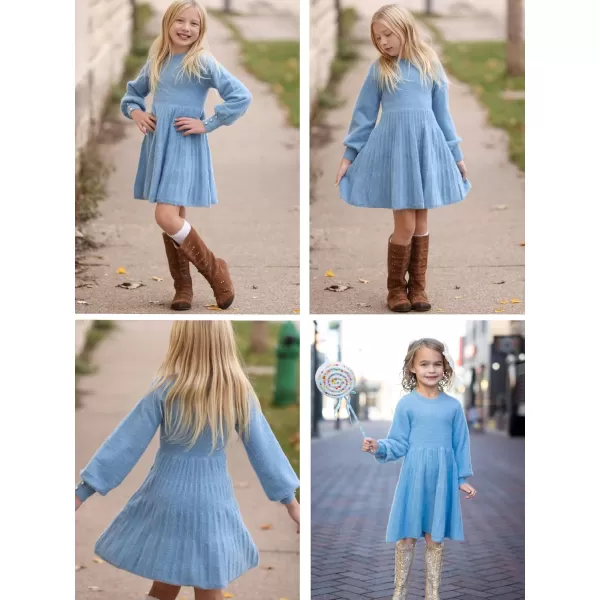 Arshiner Girls Sweater Dress Knit Crew Neck Lantern Sleeve Solid Twirl Dresses