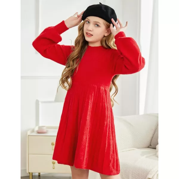 Arshiner Girls Sweater Dress Knit Crew Neck Lantern Sleeve Solid Twirl Dresses