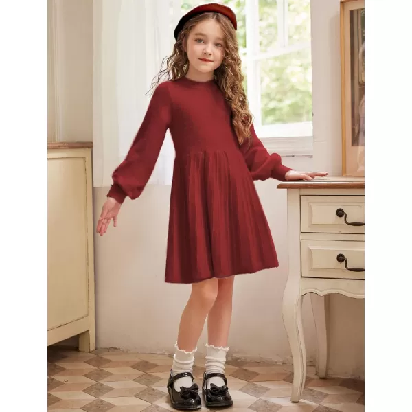 Arshiner Girls Sweater Dress Knit Crew Neck Lantern Sleeve Solid Twirl Dresses