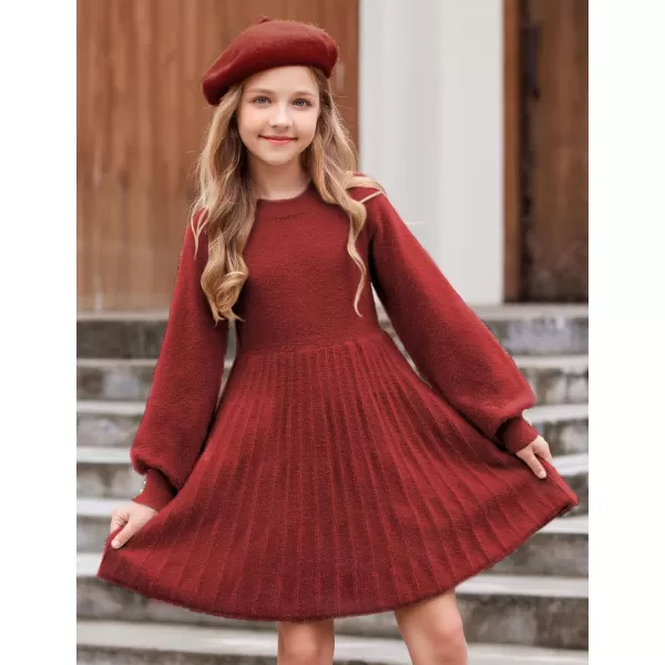 Arshiner Girls Sweater Dress Knit Crew Neck Lantern Sleeve Solid Twirl Dresses