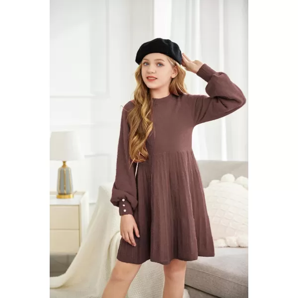 Arshiner Girls Sweater Dress Knit Crew Neck Lantern Sleeve Solid Twirl Dresses