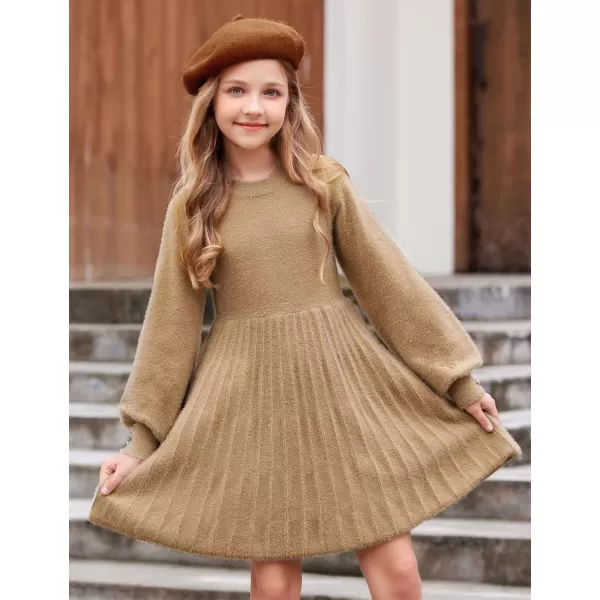 Arshiner Girls Sweater Dress Knit Crew Neck Lantern Sleeve Solid Twirl Dresses