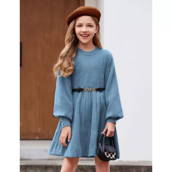 Arshiner Girls Sweater Dress Knit Crew Neck Lantern Sleeve Solid Twirl Dresses