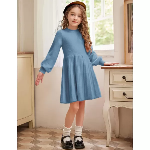 Arshiner Girls Sweater Dress Knit Crew Neck Lantern Sleeve Solid Twirl Dresses