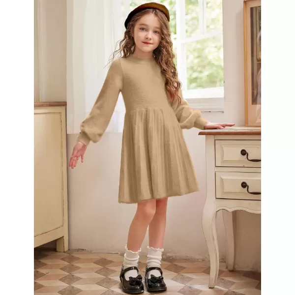 Arshiner Girls Sweater Dress Knit Crew Neck Lantern Sleeve Solid Twirl Dresses
