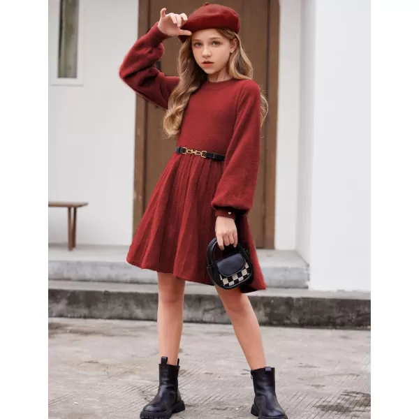 Arshiner Girls Sweater Dress Knit Crew Neck Lantern Sleeve Solid Twirl Dresses