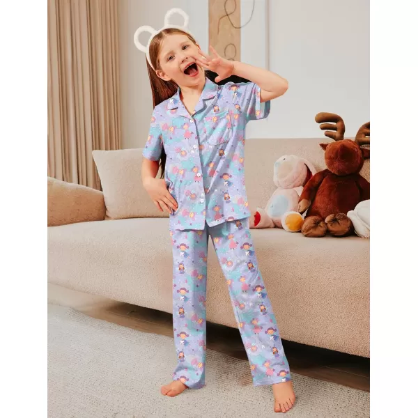 Arshiner Pajamas for Girls Short Sleeve Long Pants Outfit 2 Piece Sleepwear Button Pjs Sets