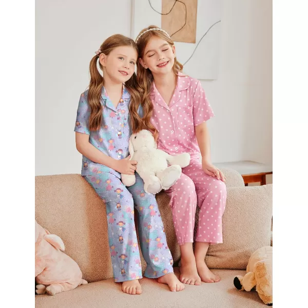 Arshiner Pajamas for Girls Short Sleeve Long Pants Outfit 2 Piece Sleepwear Button Pjs Sets
