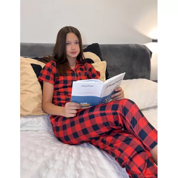 Arshiner Pajamas for Girls Short Sleeve Long Pants Outfit 2 Piece Sleepwear Button Pjs Sets