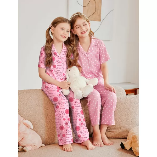 Arshiner Pajamas for Girls Short Sleeve Long Pants Outfit 2 Piece Sleepwear Button Pjs Sets