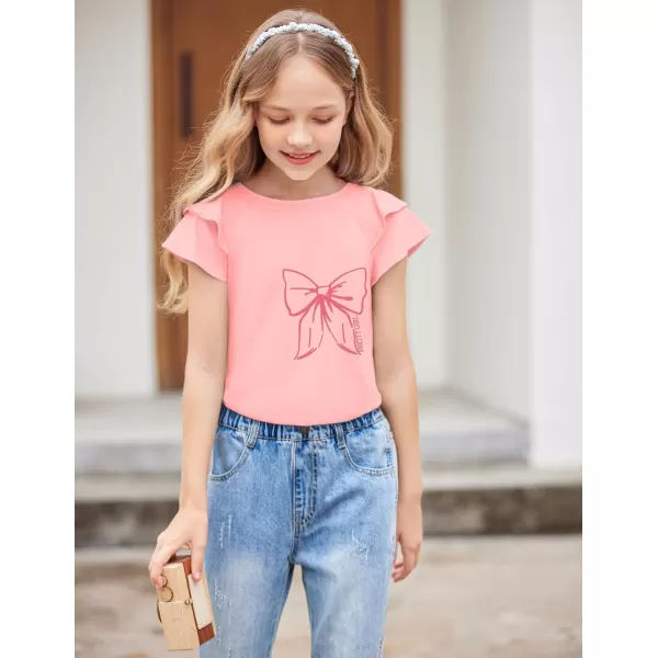 Girls T Shirts Ruffle Short Sleeve Round Neck Loose Blouse Summer Solid Color Casual Girl Tee Tops for 3-12 Years