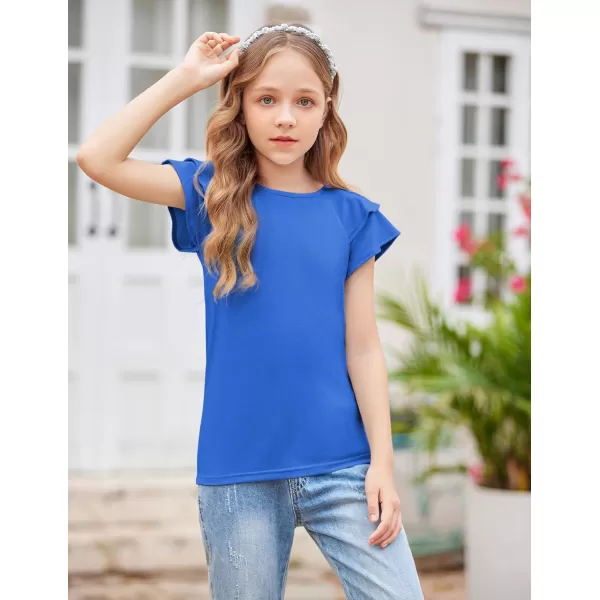Girls T Shirts Ruffle Short Sleeve Round Neck Loose Blouse Summer Solid Color Casual Girl Tee Tops for 3-12 Years