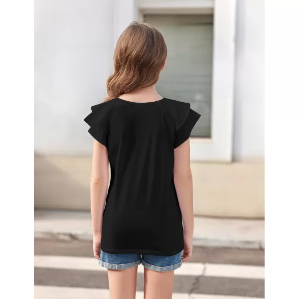 Girls T Shirts Ruffle Short Sleeve Round Neck Loose Blouse Summer Solid Color Casual Girl Tee Tops for 3-12 Years