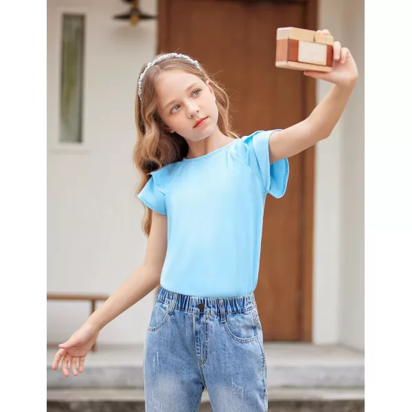 Girls T Shirts Ruffle Short Sleeve Round Neck Loose Blouse Summer Solid Color Casual Girl Tee Tops for 3-12 Years