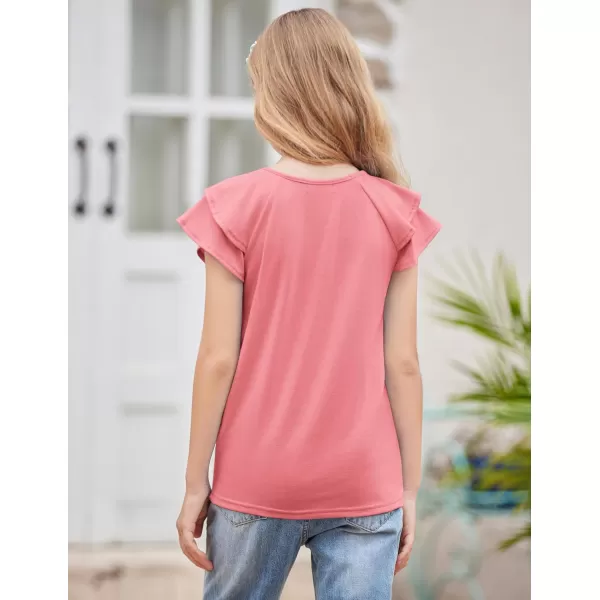 Girls T Shirts Ruffle Short Sleeve Round Neck Loose Blouse Summer Solid Color Casual Girl Tee Tops for 3-12 Years