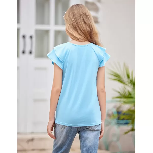 Girls T Shirts Ruffle Short Sleeve Round Neck Loose Blouse Summer Solid Color Casual Girl Tee Tops for 3-12 Years