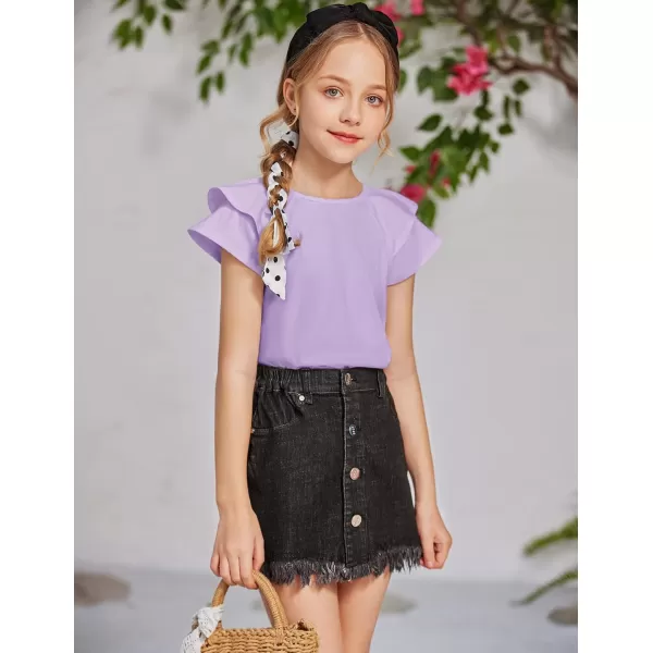Girls T Shirts Ruffle Short Sleeve Round Neck Loose Blouse Summer Solid Color Casual Girl Tee Tops for 3-12 Years