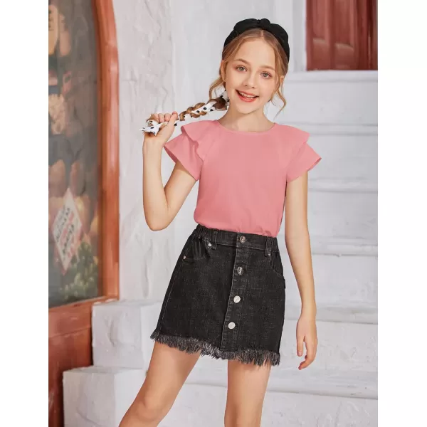 Girls T Shirts Ruffle Short Sleeve Round Neck Loose Blouse Summer Solid Color Casual Girl Tee Tops for 3-12 Years