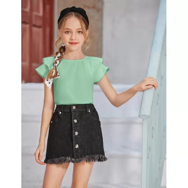 Girls T Shirts Ruffle Short Sleeve Round Neck Loose Blouse Summer Solid Color Casual Girl Tee Tops for 3-12 Years