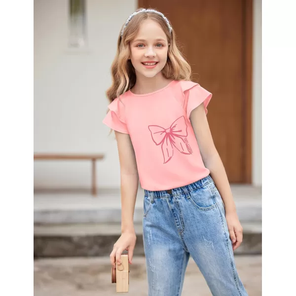 Girls T Shirts Ruffle Short Sleeve Round Neck Loose Blouse Summer Solid Color Casual Girl Tee Tops for 3-12 Years