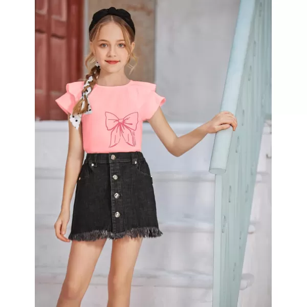 Girls T Shirts Ruffle Short Sleeve Round Neck Loose Blouse Summer Solid Color Casual Girl Tee Tops for 3-12 Years