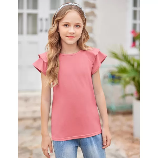 Girls T Shirts Ruffle Short Sleeve Round Neck Loose Blouse Summer Solid Color Casual Girl Tee Tops for 3-12 Years