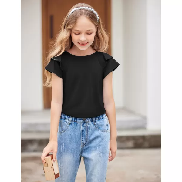 Girls T Shirts Ruffle Short Sleeve Round Neck Loose Blouse Summer Solid Color Casual Girl Tee Tops for 3-12 Years