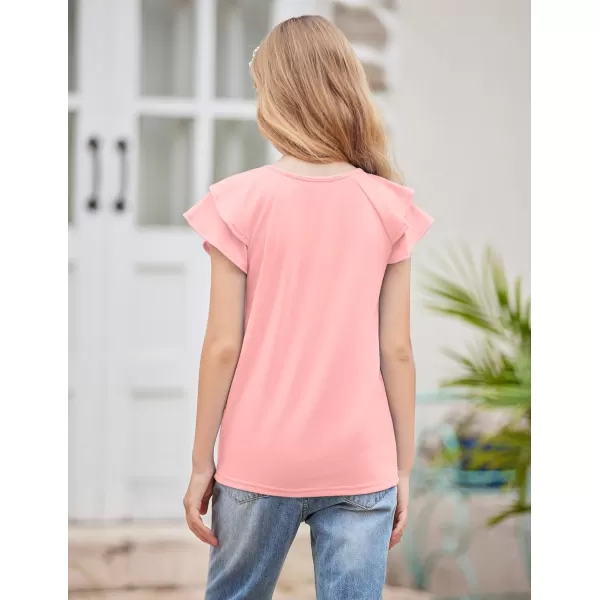 Girls T Shirts Ruffle Short Sleeve Round Neck Loose Blouse Summer Solid Color Casual Girl Tee Tops for 3-12 Years