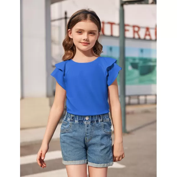 Girls T Shirts Ruffle Short Sleeve Round Neck Loose Blouse Summer Solid Color Casual Girl Tee Tops for 3-12 Years