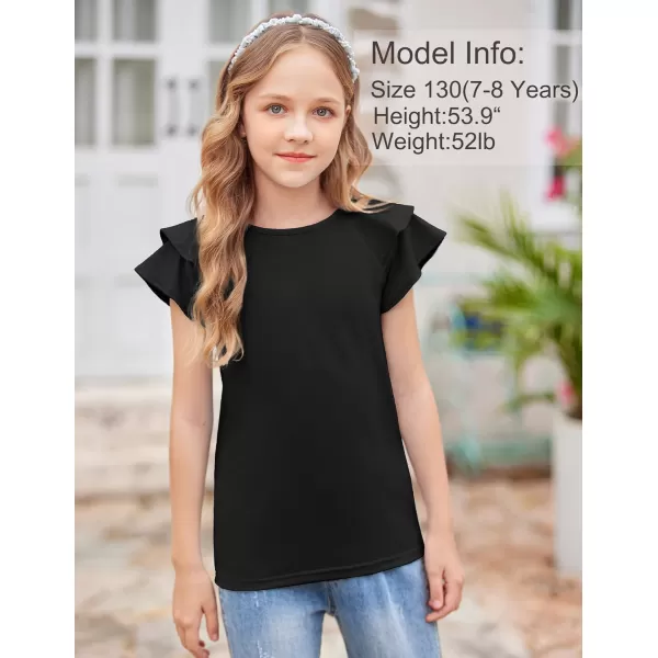 Girls T Shirts Ruffle Short Sleeve Round Neck Loose Blouse Summer Solid Color Casual Girl Tee Tops for 3-12 Years