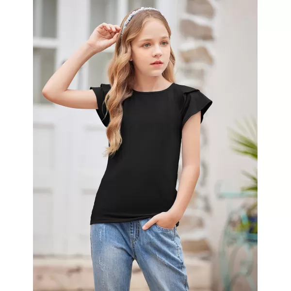 Girls T Shirts Ruffle Short Sleeve Round Neck Loose Blouse Summer Solid Color Casual Girl Tee Tops for 3-12 Years