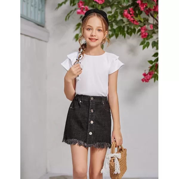 Girls T Shirts Ruffle Short Sleeve Round Neck Loose Blouse Summer Solid Color Casual Girl Tee Tops for 3-12 Years