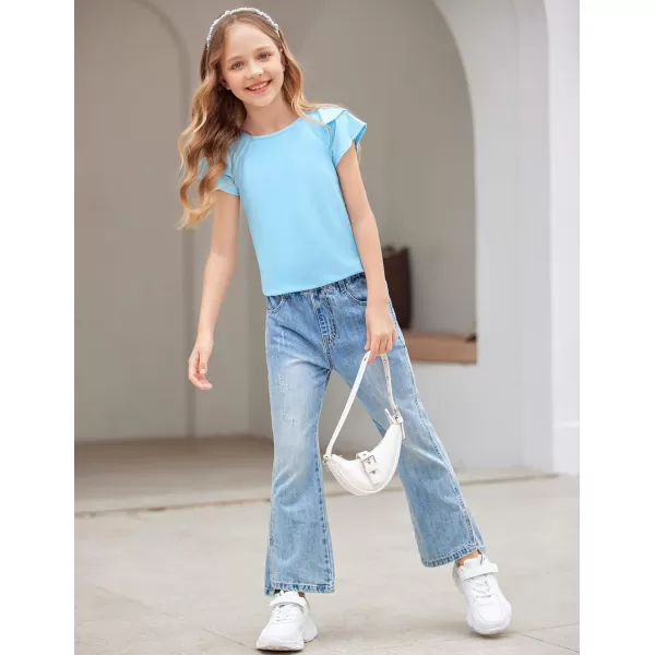 Girls T Shirts Ruffle Short Sleeve Round Neck Loose Blouse Summer Solid Color Casual Girl Tee Tops for 3-12 Years