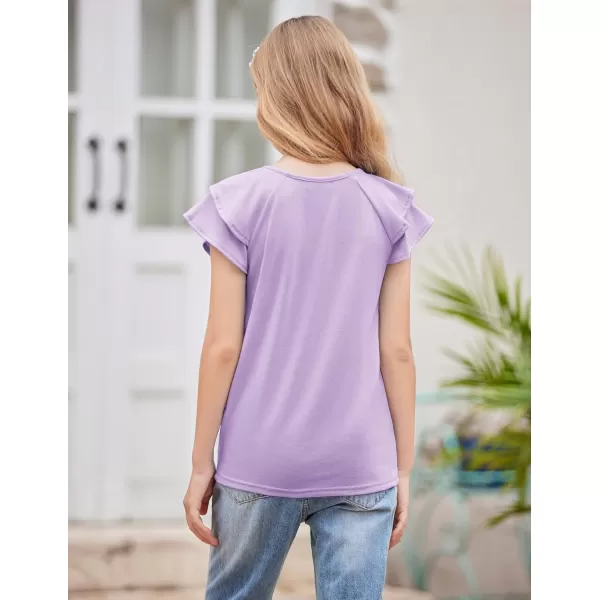 Girls T Shirts Ruffle Short Sleeve Round Neck Loose Blouse Summer Solid Color Casual Girl Tee Tops for 3-12 Years