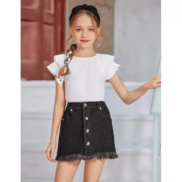 Girls T Shirts Ruffle Short Sleeve Round Neck Loose Blouse Summer Solid Color Casual Girl Tee Tops for 3-12 Years