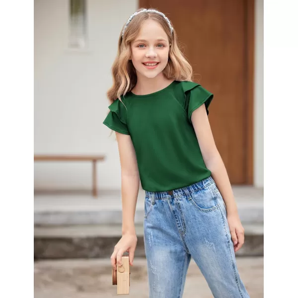 Girls T Shirts Ruffle Short Sleeve Round Neck Loose Blouse Summer Solid Color Casual Girl Tee Tops for 3-12 Years