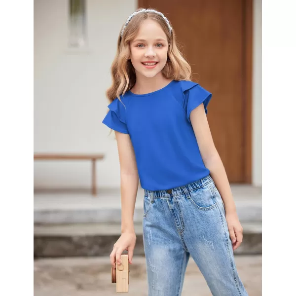 Girls T Shirts Ruffle Short Sleeve Round Neck Loose Blouse Summer Solid Color Casual Girl Tee Tops for 3-12 Years