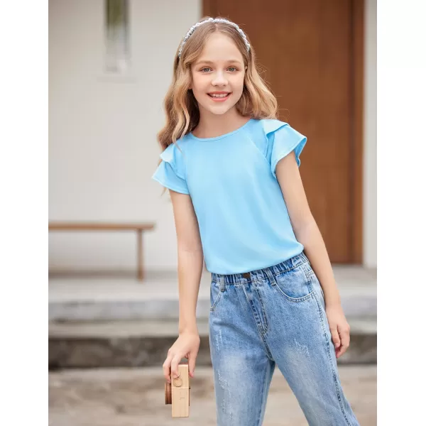 Girls T Shirts Ruffle Short Sleeve Round Neck Loose Blouse Summer Solid Color Casual Girl Tee Tops for 3-12 Years