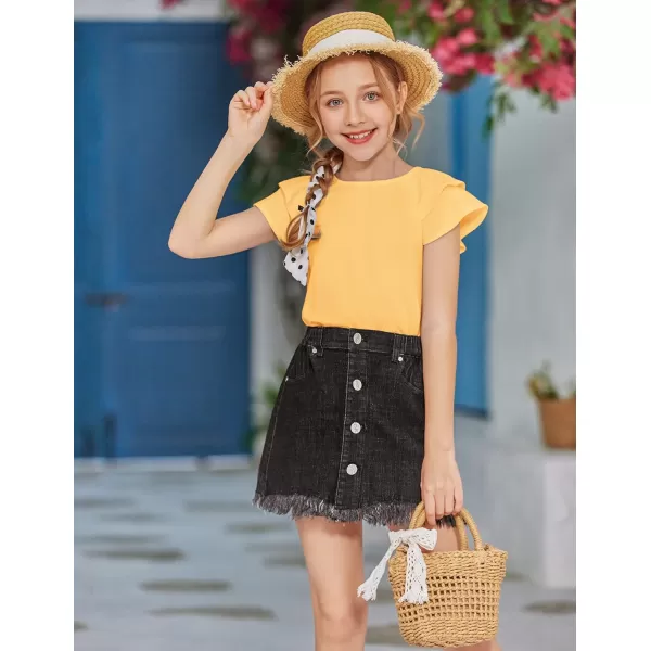 Girls T Shirts Ruffle Short Sleeve Round Neck Loose Blouse Summer Solid Color Casual Girl Tee Tops for 3-12 Years