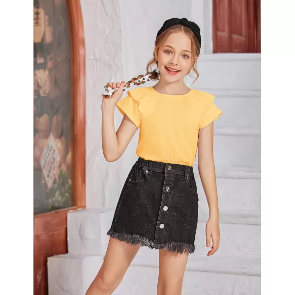 Girls T Shirts Ruffle Short Sleeve Round Neck Loose Blouse Summer Solid Color Casual Girl Tee Tops for 3-12 Years