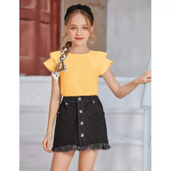 Girls T Shirts Ruffle Short Sleeve Round Neck Loose Blouse Summer Solid Color Casual Girl Tee Tops for 3-12 Years