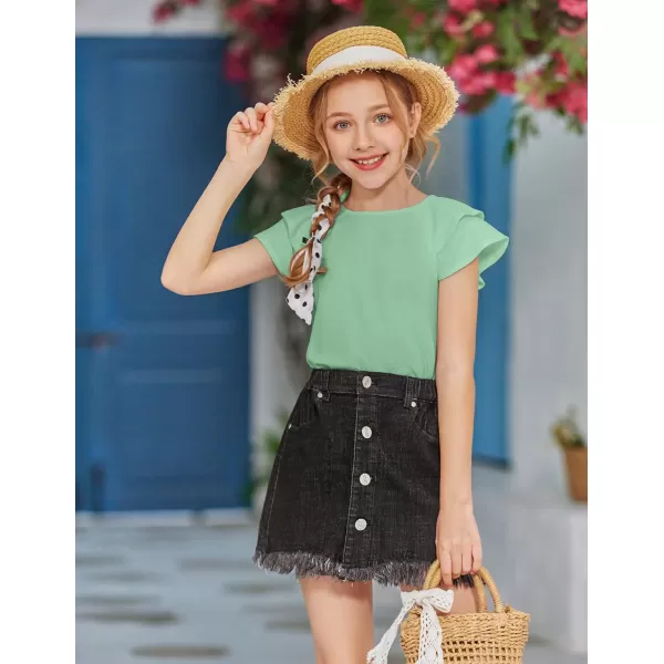 Girls T Shirts Ruffle Short Sleeve Round Neck Loose Blouse Summer Solid Color Casual Girl Tee Tops for 3-12 Years