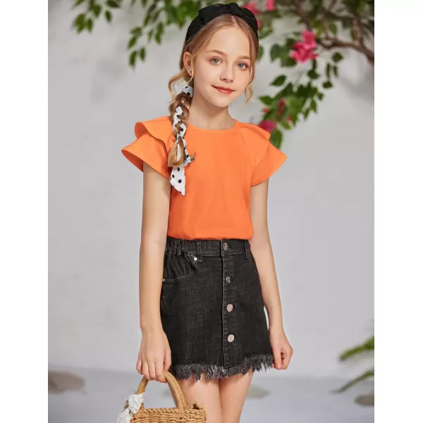 Girls T Shirts Ruffle Short Sleeve Round Neck Loose Blouse Summer Solid Color Casual Girl Tee Tops for 3-12 Years