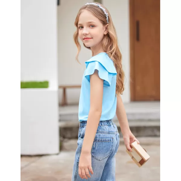 Girls T Shirts Ruffle Short Sleeve Round Neck Loose Blouse Summer Solid Color Casual Girl Tee Tops for 3-12 Years